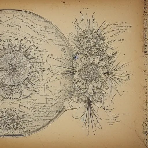 Image similar to technical drawing of a ointment, beautiful design, flower adorned, delicate, old book, detailed map, notes, scribbles, old paper