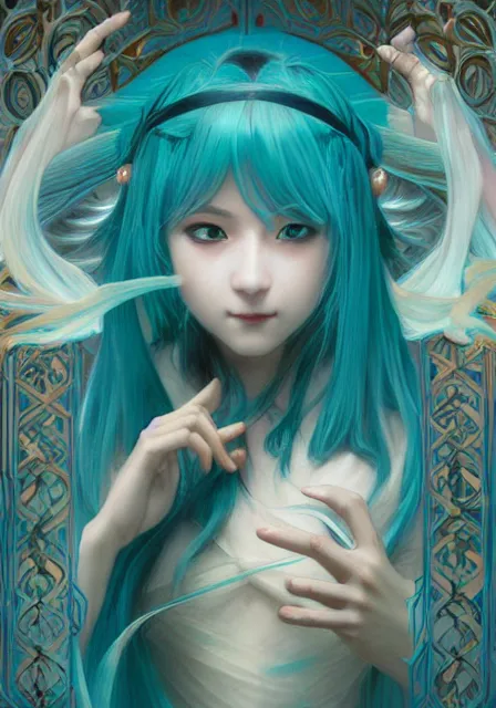 Image similar to hatsune miku, dance, intricate, elegant, highly detailed, digital painting, artstation, concept art, smooth, sharp focus, illustration, art by artgerm and greg rutkowski and alphonse mucha and william - adolphe bouguereau