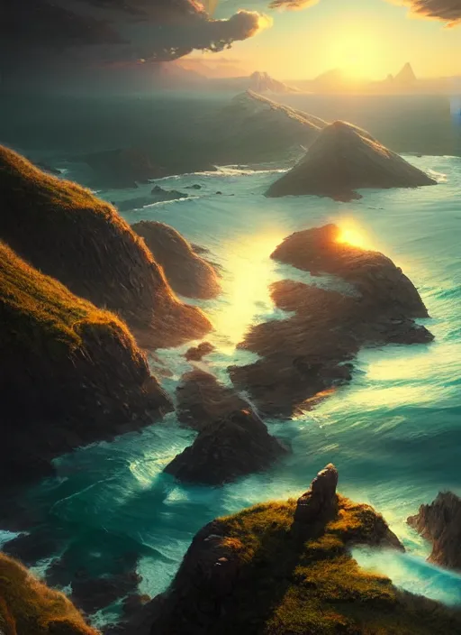 Image similar to nature landscape, aerial view, drone photography, cinematic, mountains and ocean, cinematic view, epic sky, detailed, concept art, high detail, warm lighting, volumetric, godrays, vivid, beautiful, trending on artstation, by jordan grimmer, art greg rutkowski