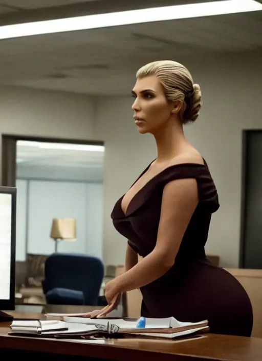 Prompt: a pov, color cinema film still of kim kardashian as kim wexler speaking to saul goodman at a desk, cinematic lighting, from better call saul.