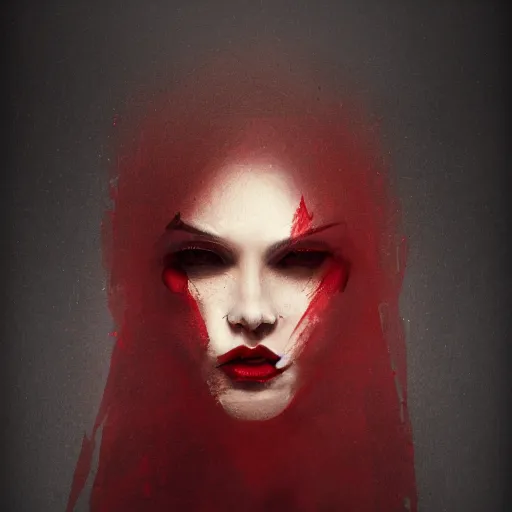 Image similar to shameless woman whis impudent facial expression, shadow of church cross, elegant, dark and mysterious, atmospheric, red, trending on artstation, highly detailed, digital painting, volumetric light, concept art, middle focus, illustration