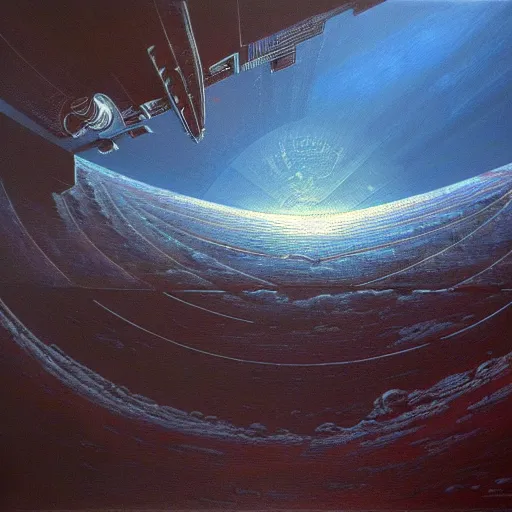 Prompt: a gustave dore style spaceship, 1 9 8 0 s sci - fi, oil on canvas painting, smooth, sharp focus, vibrant volumetric natural light.