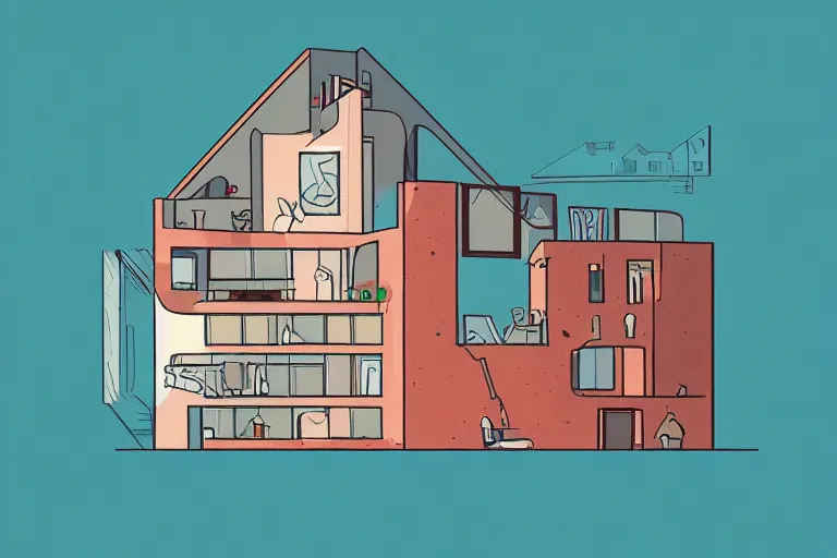 Prompt: a beautiful flat 2 dimensional illustration of a cross section of a house, view from the side, a storybook illustration by muti, colorful, minimalism, featured on dribble, behance hd, dynamic composition