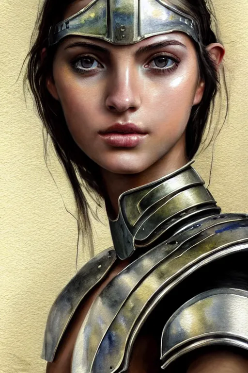 Image similar to a photorealistically painted portrait of an attractive young girl, partially clothed in metal-plated battle armor, abstract watercolor background, flawless olive skin, fair complexion, long dark hair, beautiful bone structure, perfectly symmetric facial features, perfect photorealistic eyes, natural physique, intricate, elegant, digital painting, concept art, finely detailed, beautifully illustrated, sharp focus, minimal artifacts, volumetric lighting, from Metal Gear, by Ruan Jia and Mandy Jurgens and Artgerm and William-Adolphe Bouguerea, in the style of Greg Rutkowski, trending on Artstation, award winning art