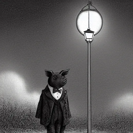 Prompt: standing pig in a tuxedo, moon, clouds, street lamp, high detail, eerie, street lamp, barn, creepy, dark, night, misty, moon, chiaroscuro, film noir, illustration by Gustave Doré,