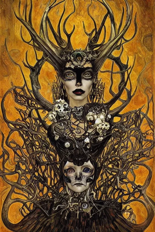 Prompt: The Queen of Bones by Karol Bak, Jean Deville, Gustav Klimt, and Vincent Van Gogh, portrait of a majestic demonic queen, vampiress, jade green cat eyes on fire, mystic eye, otherworldly, crown made of bones, antlers, horns, ornate jeweled crown, skull, fractal structures, arcane, inferno, inscribed runes, infernal relics, ornate gilded medieval icon, third eye, spirals, rich deep moody colors