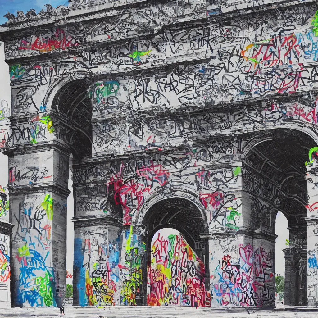 Image similar to photorealistic, arc de triomphe full of graffiti