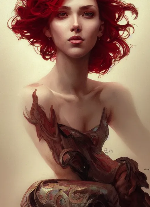 Image similar to Red short hair portrait of a man, fantasy, intricate, elegant, highly detailed, digital painting, artstation, concept art, smooth, sharp focus, illustration, art by artgerm and greg rutkowski and alphonse mucha