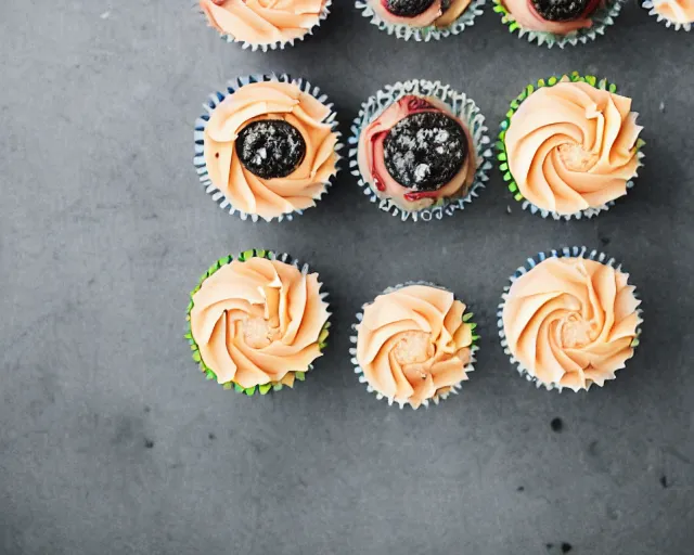 Prompt: dslr food photograph of delicious cupcakes with slices of pickle on them, 8 5 mm f 1. 4