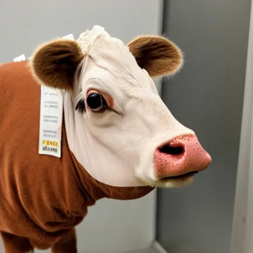 Image similar to mugshot of a cute sad calf dressed as an inmate in jail