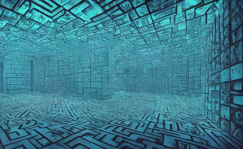 Image similar to interior of an elaborate labyrinth of runic cubes, dark teal, endless maze - like runes, ultrarealistic beautiful cinematic lighting, sharp focus, masterpiece by satoshi kon, crystal cubism, greeble, tesseract, darksynth, high definition