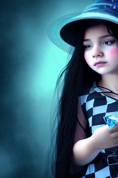 Image similar to mysterious girl child with her long black hair dressed in a chequered robe, carrying blue very big magical crystal, digital art, hd, 4 k, hyper detailed