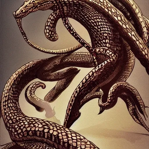 Image similar to a male naga, serpent body, kentaro miura art style