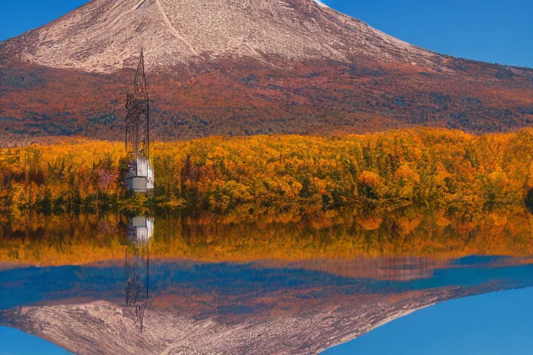 Image similar to a mountain with a radio tower next to a pond, autumn hills in background. telephoto lens photography.