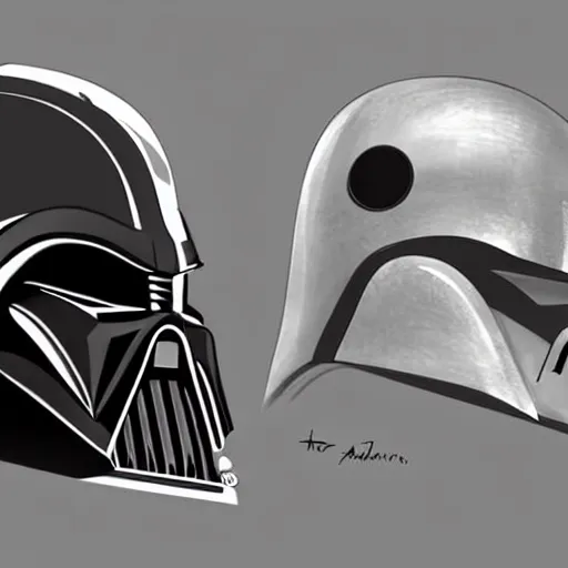 Image similar to a mix between the mandalorian's helmet and darth vader's helmet. trending on art station, concept art.