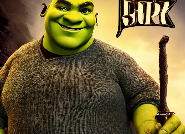 Prompt: movie poster of jack black playing shrek, photorealistic, studio photograph, detailed