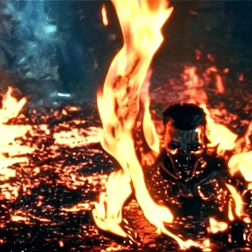 Image similar to Liquid metal T-1000 emerging from a burning fire, movie still from Terminator 2: Judgement Day