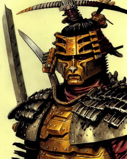 Image similar to portrait of a samurai cyborg wearing armor by simon bisley, john blance, frank frazetta, fantasy, barbarian