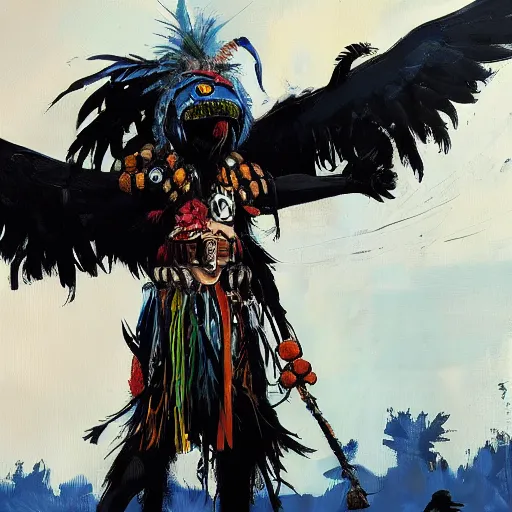 Image similar to painting of mobieus shaman wearing Raven mask comic cover art by ashley wood , 4K post processing