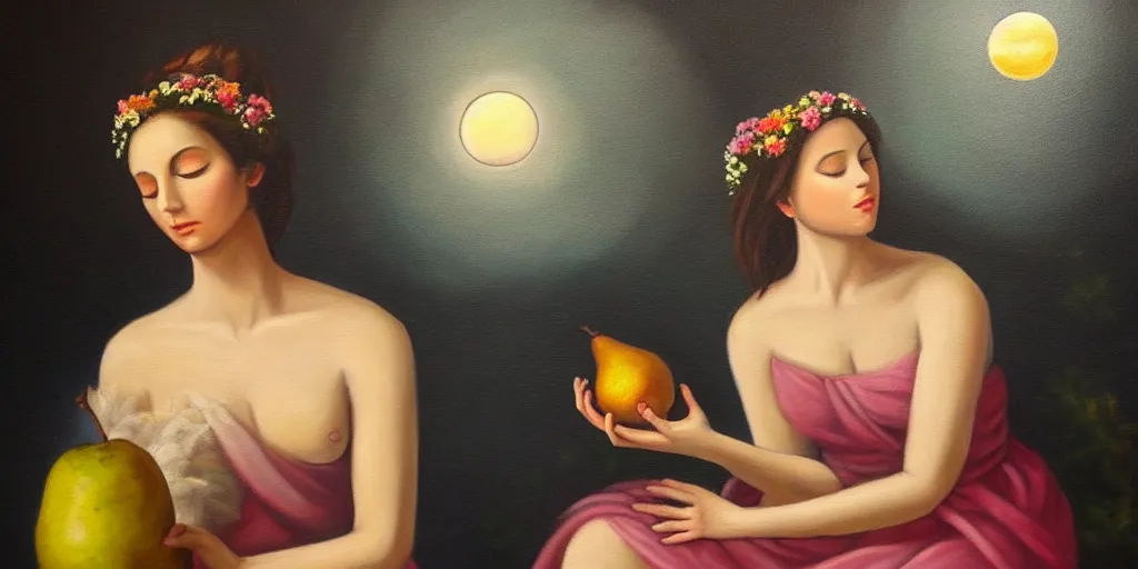 Prompt: very realistic beautiful painting of a goddess holding flowers and levitating a pear, sun on the left moon on the right as she is sitting on a rock at night time, realistic 8K HD