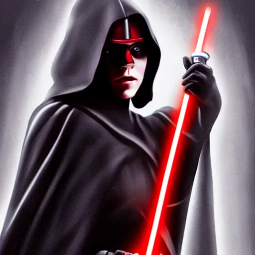 Image similar to emma watson as a sith lord with a cloak and a lightsaber, commissioned fan art