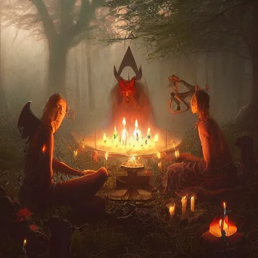 Prompt: the satanic birthday ritual. detailed digital art by greg rutkowski, thomas kinkade and keith parkinson, artstation, cgsociety, 8 k, hd