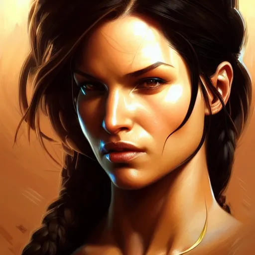 Image similar to symmetry!! intense portrait of lara croft, intricate, elegant, highly detailed, my rendition, digital painting, artstation, concept art, smooth, sharp focus, illustration, art by artgerm and greg rutkowski and alphonse mucha