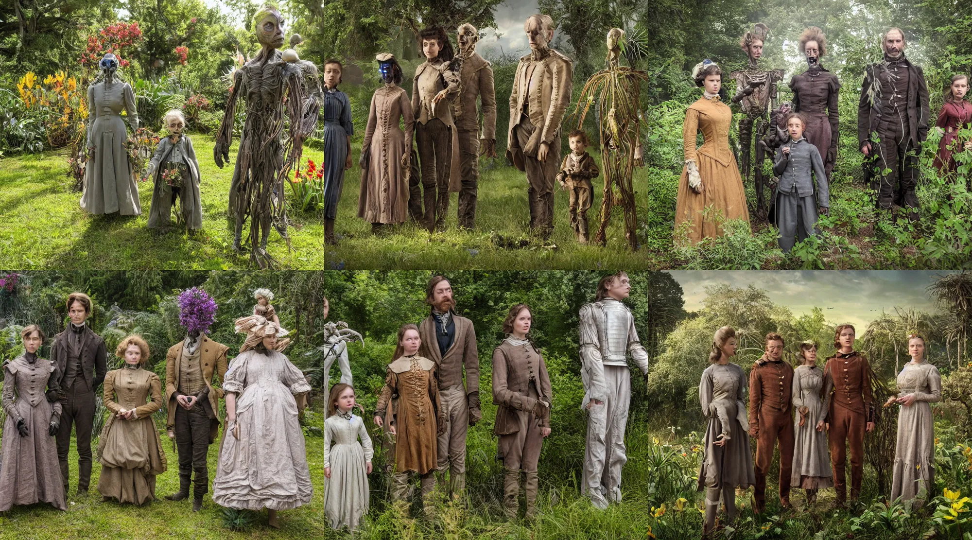 Prompt: still from a sci fi blockbuster movie made in 2022, set in 1860, of a family standing next to some strange wild alien plants and flowers, family are wearing 1850s era clothes, a humanoid alien standing nearby, in a park on a strange alien planet, good lighting, 4k, in focus faces, detailed faces, good photography, 35mm macro lens