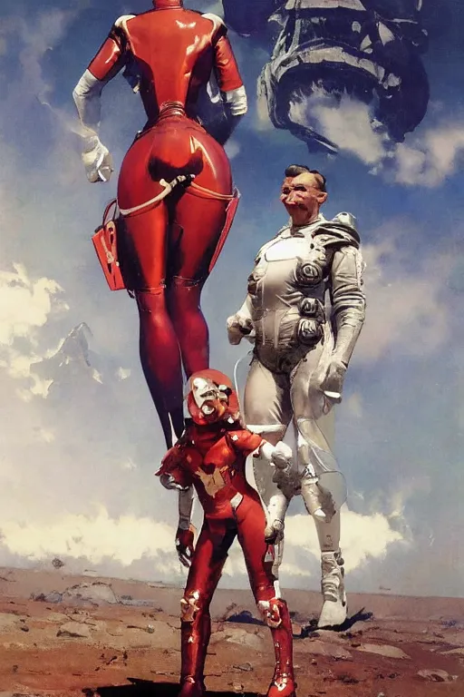 Prompt: bipedal bull standing beside elegant lady wearing a latex spacesuit, by norman rockwell, jack kirby, jon berkey, earle bergey, craig mullins, ruan jia, jeremy mann, tom lovell, marvel, astounding stories, 5 0 s pulp illustration, scifi, fantasy, artstation creature concept