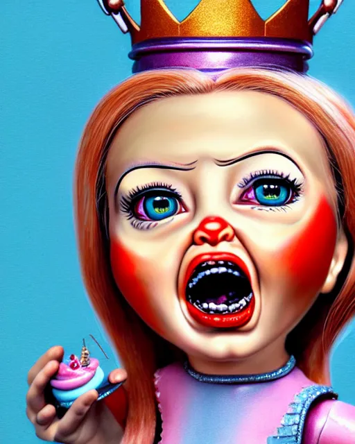 Image similar to closeup profile portrait of a tin toy ivanka trump screaming as a sith lord fairytale princess chucky doll wearing a crown and eating cakes, bikini, hyper realistic, artstation, illustration, nicoletta ceccoli, mark ryden, lostfish, max fleischer, digital paint, matte paint, vivid colors, bright, cheerful, detailed and intricate environment