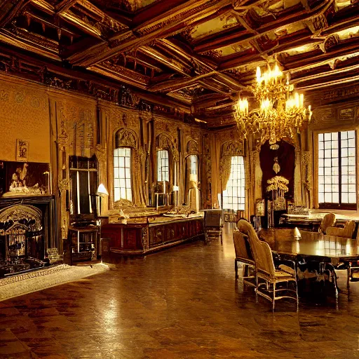 Image similar to interior of a Tudor Mansion Hall, grand and fully furnished, 18th century, highly detailed, atmospheric, cinematic composition and lighting, 8k