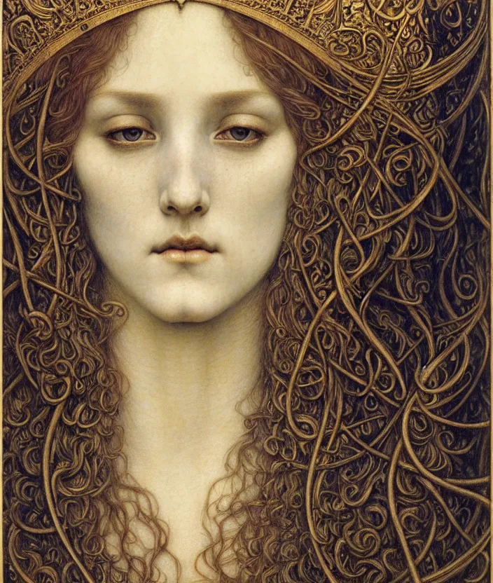 Image similar to detailed realistic beautiful young medieval queen face portrait by jean delville, gustave dore and marco mazzoni, art nouveau, symbolist, visionary, gothic, pre - raphaelite. horizontal symmetry