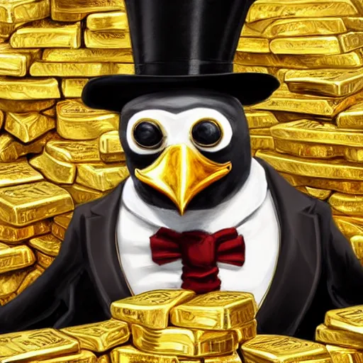 Image similar to anthropomorphized rich penguin capitalist sitting on pile of gold, wearing fancy top hat, concept art, insanely detailed and intricate, hypermaximalist, elegant, ornate, hyper realistic, super detailed, art deco, cinematic, trending on artstation, magic the gathering artwork