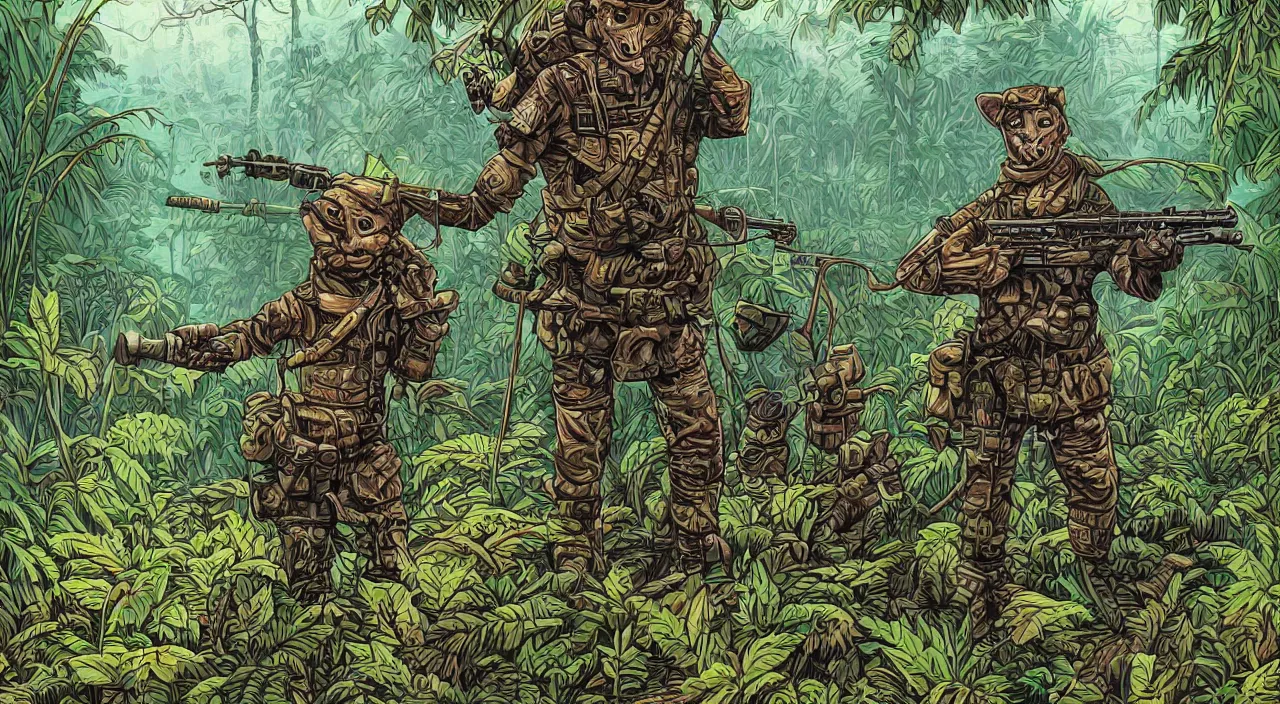 Image similar to a humanoid cat soldier from world war 2 in the jungle, artwork by dan mumford