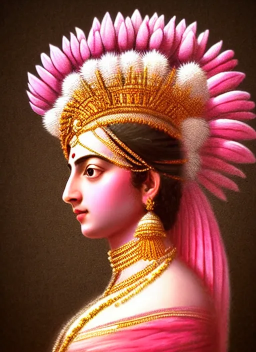 Prompt: stunning indian godess princess, detailed pink and white protea head peace against a black backdrop by ivan aivazovsky, 3 / 4 view portrait, wlop, super sharp details, photorealism, canon 5 d, 5 0 mm lens, stunning photoshot, beautiful soft lighting, muted colours, artstation