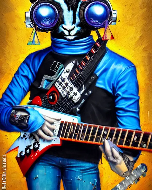 Image similar to a portrait of an anthropomorphic cyberpunk blue lhama shredding an electric guitar by sandra chevrier, by jon foster, detailed render, tape deck, epic composition, cybernetics, 4 k realistic, cryengine, realistic shaded lighting, sharp focus, masterpiece, by enki bilal