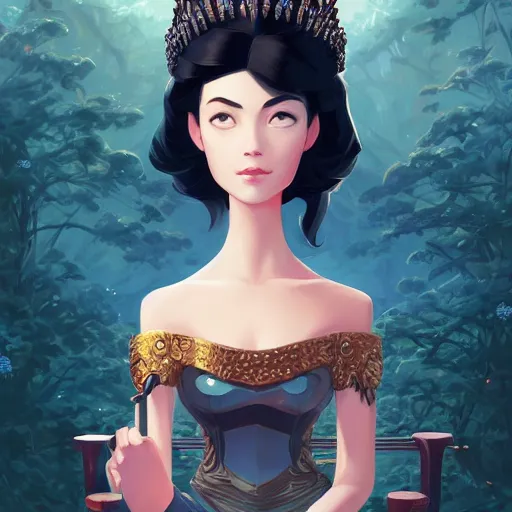 Image similar to stylized minimalist a beautiful black haired woman with pale skin and a crown on her head sitted on an intricate metal throne, loftis, cory behance hd by jesper ejsing, by rhads, makoto shinkai and lois van baarle, ilya kuvshinov, rossdraws global illumination,