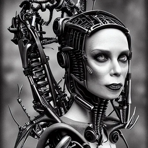 Image similar to 3 d portrait of a biomechanical cyborg by tony diterlizzi, tim burton, hr giger, ilford hp 5, 5 5 mm, machinecore by artgerm, 3 d render, gothcore, beeple, joseph leyendecker, carlo carra