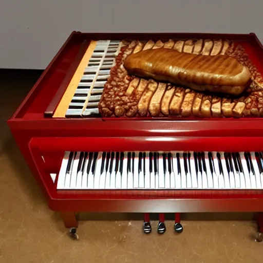 Prompt: a piano made out of meat, a piano in the shape of meat