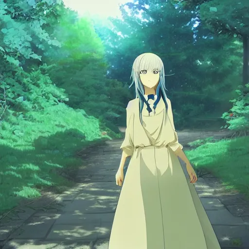 Prompt: anime girl walking throught the forest dressed in a gown and top both with a cottagecore aesthetic, gorgeous face, by makoto shinkai, in the style of sakimichan, golden ratio composition, digital art