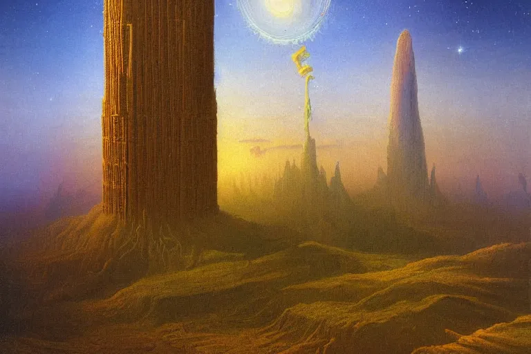 Prompt: cosmic convergence landscape in the style of dr. seuss, tower of babylon, painting by albert bierstadt