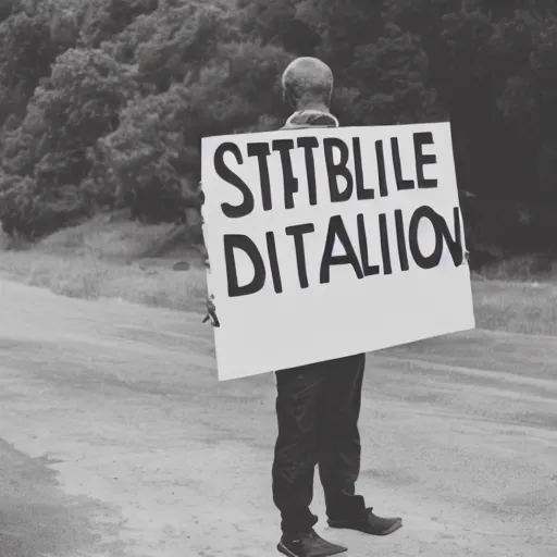 Image similar to a man holding up a sign that says stable diffusion, photograph, cinematic lighting, movie frame