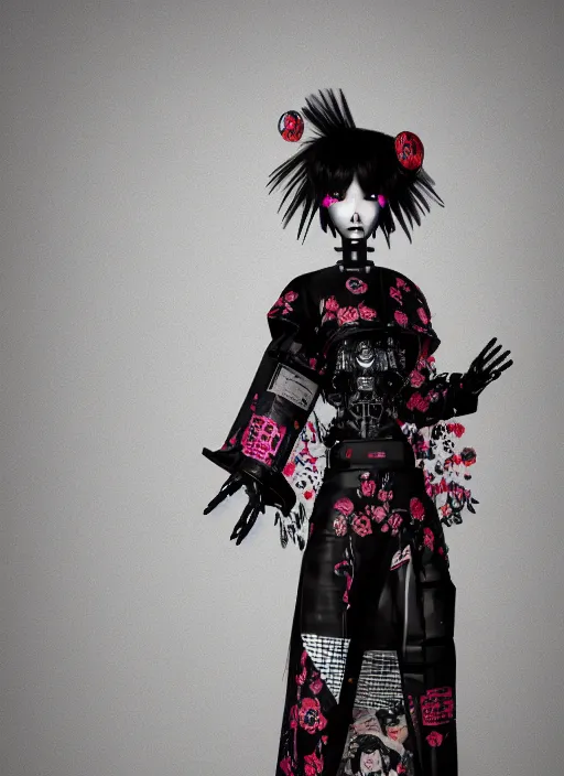 Prompt: full body portrait of a gothic style punk robot geisha with kanji tattoos and decals wearing a digital pixelated kimono, intricate design, photo - realistic, octane render, dark colour palette, ultra fine detailed, character design, trending on artstation