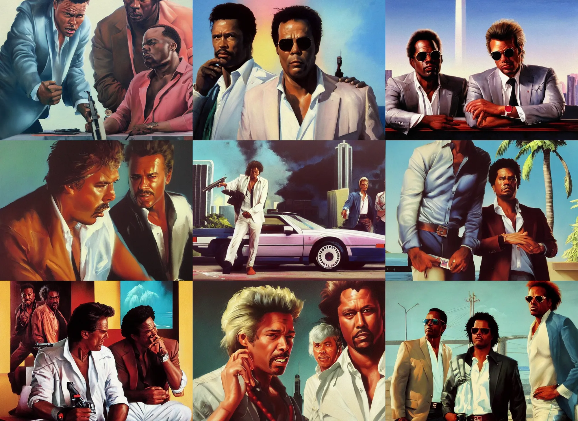 Prompt: an oil painting portrait of crockett and tubbs in eighties miami vice, ultra realistic, highly detailed faces, true to life, masterpiece, cinematic by frank frazetta, greg rutkowski, beeple, yoko taro, christian macnevin, beeple, wlop, krenz cushart, epic fantasy character art, volumetric lighting, cgsociety