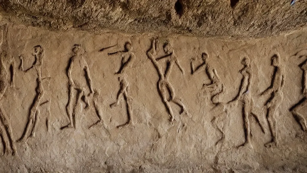 Prompt: a cave wall prehistoric art of people dancing