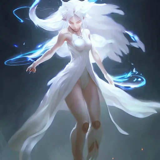 Image similar to a woman in a white dress holding a glowing ball | with nine white fox tails | a detailed painting by ross tran | wlop and stanley artgerm lau!!!!!!!!!!!!!!! | featured on deviantart | fantasy art | anime | 2 d game art | official art