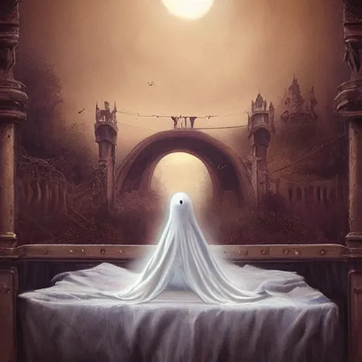 Image similar to surreal ominous bedsheet ghost floating above a bridge, oil painting, gloomy misty atmosphere, symmetrical, full body image, highly ornate intricate details,