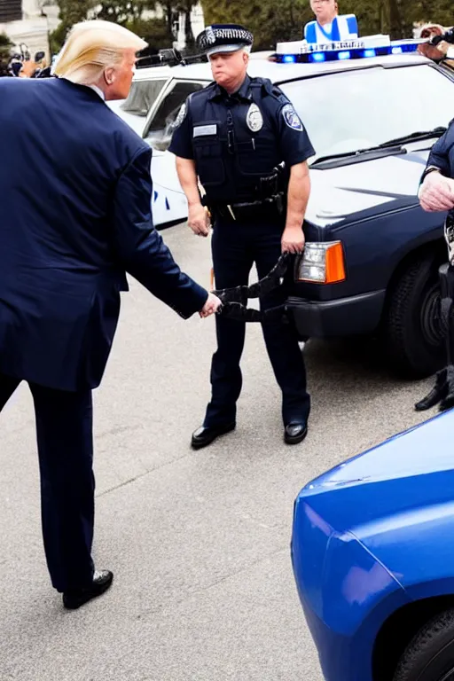 Image similar to donald trump being handcuffed by a police officer front of a police car, real life skin, intricate, high detailed, smooth, sharp focus