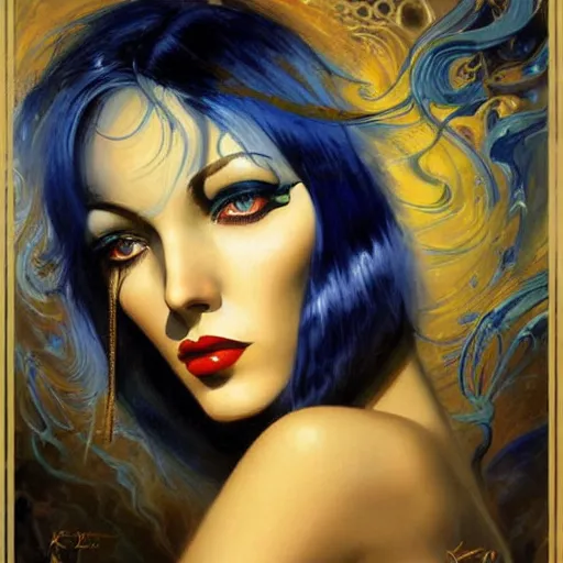 Image similar to a woman with blue and gold hair, an art deco painting by karol bak, featured on cgsociety, gothic art, poster art, art deco, tarot card