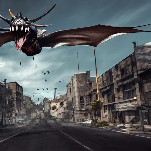 Image similar to realistic wyverns flying in a post apocalyptic street, photorealism 8k , high details